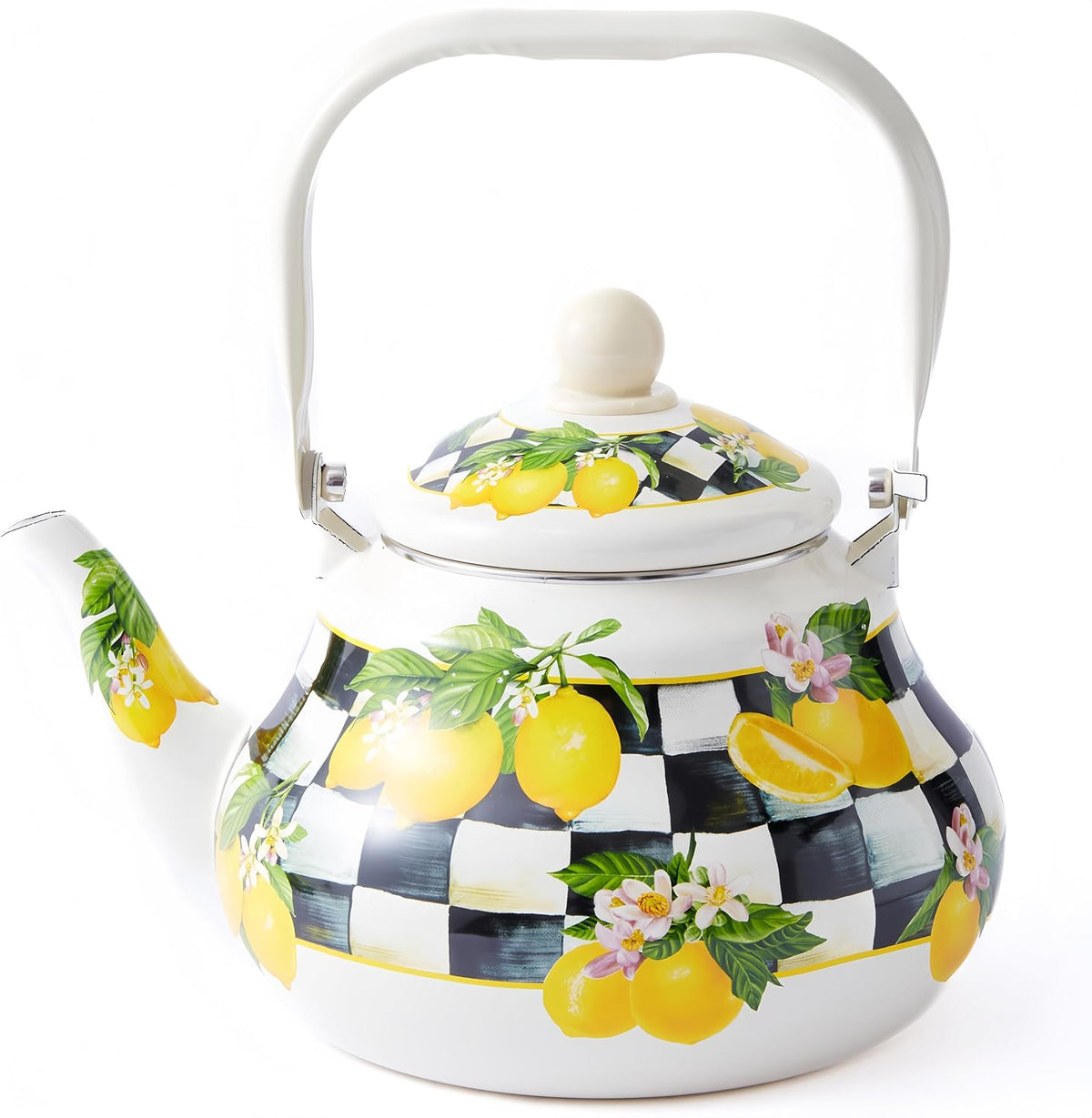 Checkered Tea Kettle with Lemon Pattern, 2 qt Enamel Stovetop Pot