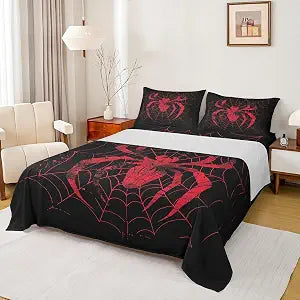 Spider Sheet Set Full Size,Red Spider Web Print Bedding Set,Gothic Arachnid Animals Halloween Theme Black Bed Sheet Set 4pcs with Deep Pocket Fitted + Flat + 2 Pillowcases,Kids Boys Girls Room Decor