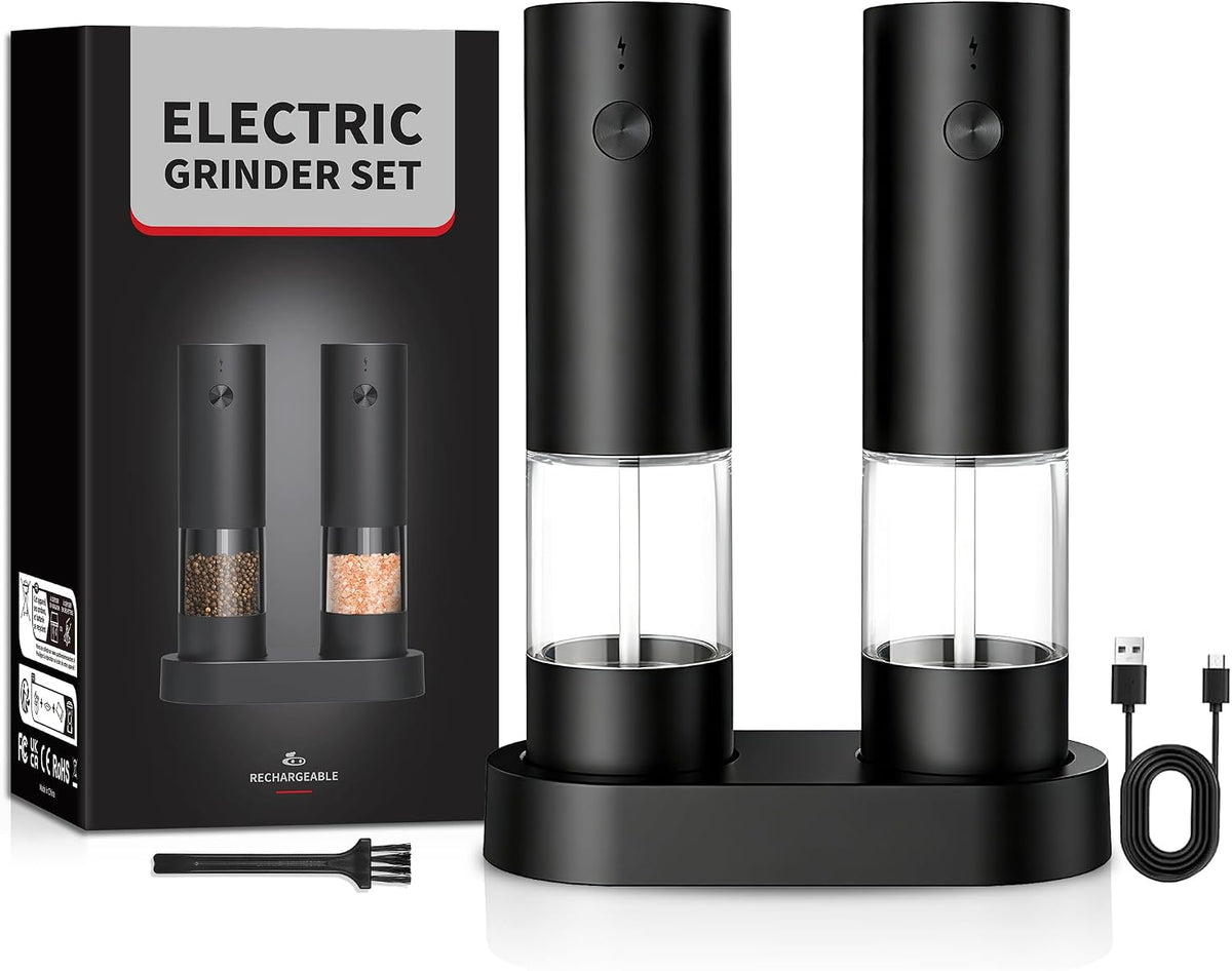 USB Rechargeable Grinder Set With Storage Base, 2 Pack (Black)