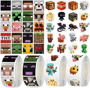 4 Pack Roll Pixel Stickers, 40 Designs, 2000 Pcs 1-1/2 Inch Self Adhesive Label Roll Stickers for Bottles, Laptops, Luggage, Party Favors