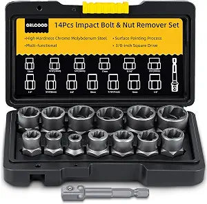 Bolt Extractor Kit, 14 PCS Impact Bolt & Nut Remover Set with 3/8 Inch Adapter, Upgrade Stripped Bolt Extractor Socket Set with Portable Tool Box, Easy Out for Rusted, Damaged, Round Bolt Nuts Screws
