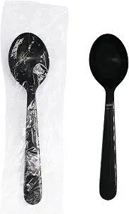 Party Essentials Individually Wrapped Black Plastic Utensil Sets/Heavy Duty Flatware Packs, Soup Spoon, 100 Sets