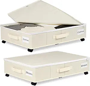 Vincona Under Bed Storage with Wheels, 2 Pack Under Bed Storage Containers with Label Holders for Clothes, Shoes and Blankets, Rolling Underbed Shoe Organizer with Cover, Beige (30.71x15.7x7.28 in)