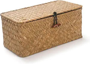 DOKOT Rectangular Handwoven Seagrass Small Storage Basket with Lid for Shelves and Home Organizer Bins,S (10.2"x5.5"x4.3"H), Natural