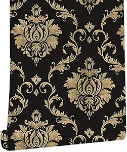 Upgrade Thickening Contact Paper Black Gold Damask Wall Paper Self Adhesive Peel and Stick Wallpaper for Kitchen Countertop Cabinet Furniture Bedroom Decor 17.7 Inch x 32.8 FT
