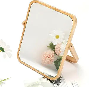 Wooden Desktop Makeup Mirror, Rectangular Tabletop Vanity Mirror with 360 Rotation, Portable High-Definition Single-Sided Cosmetic Mirror for Dressing Table, Bedroom & Bathroom (Yellow Beech Wood)