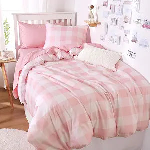 Wake In Cloud - Gingham Comforter Set, Plaid Buffalo Check Checkered Cottagecore Cute Geometric, Soft Lightweight Bedding, 3 Pieces, Pink, Twin/Twin XL Size