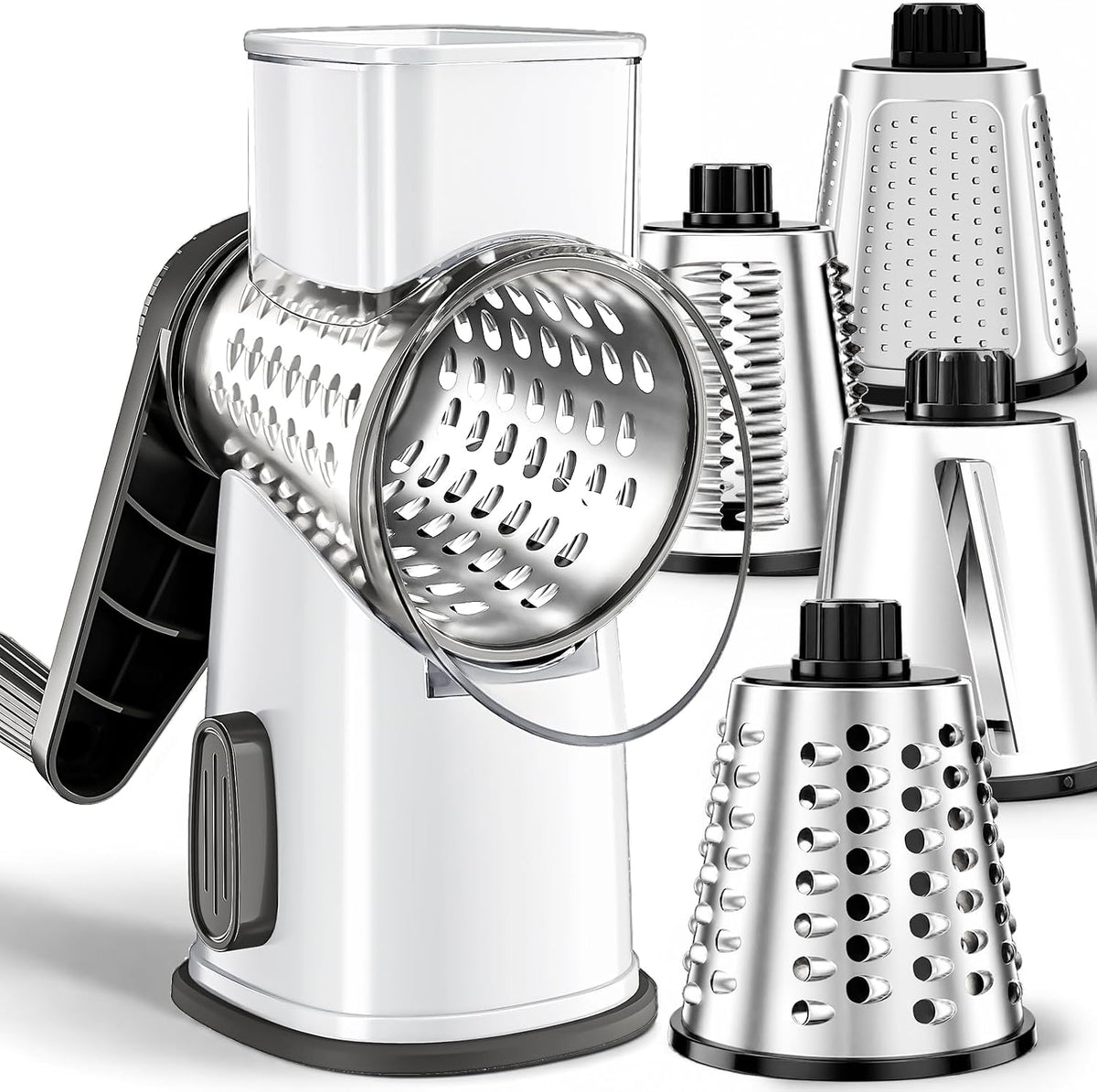 Weltonhm 4 in 1 Large Cheese Grater Hand Crank Rotary (White 4 Graters)