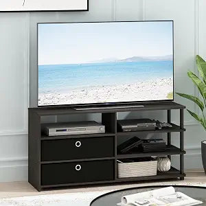 Furinno Jaya TV Stand for TV up to 55-Inch with Storage Bins & Cable Management Hole, 4-Tier Black Entertainment Center, TV Console, for Living Room, Bedroom, Black Walnut