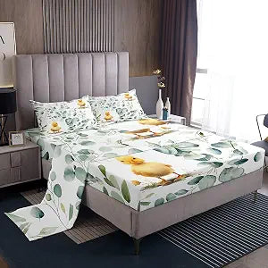 Erosebridal Kids Cute Animal Sheet Set for Girls Boys Cartoon Duck Bed Sheets Set, Spring Eucalyptus Twin Sheets Watercolor Leaves Bed Set, Kawaii Farm Animal Top Sheet