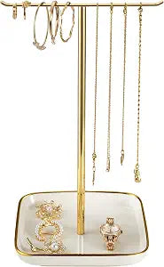 Jewelry Holder Stand with Ceramic Base: 12" Tall Necklace Organizer Rack