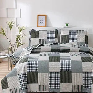 Plaid Patchwork Quilt Queen Size Lightweight Blue Buffalo Plaid Bedspread Coverlet Boy Man Plaid Quilts Bedding with 2 Pillowshams (Coffee, Blue, Full/Queen)