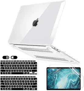 Crystal Clear Case for MacBook Air 13 inch M1 A2337 A2179 A1932 2022 2021-2018 Release with Touch ID Retina Display, 6 in 1 Plastic Hard Shell&Keyboard Cover&Screen Protector&Webcam Cover, Transparent
