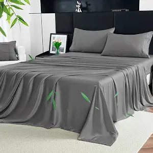 YIYEA 100% Viscose Derived from Bamboo Sheets, 600TC, 16" Deep Pocket, Breathable, Silky Soft, Cooling Sheets for Hot Sleepers, Full Size, Gray