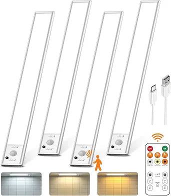 9inch Under Cabinet Lighting with Remote, Rechargeable LED Motion Sensor Light Indoor, Closet Lights Wireless, 3 Color Temps & Dimmable, Magnetic Under Counter Lights for Kitchen, Stairs, 4 Pack