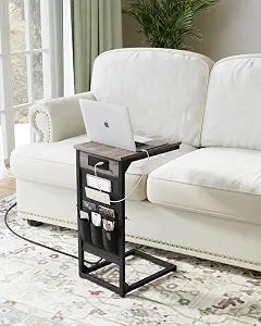 C-Shaped End Table with Fast-Charging Station, Small Couch Side Table with Storage Bag, Sofa TV Tray Table for Living Room, Bedroom, Bedside ET-GY-1