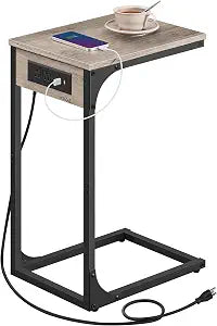 VASAGLE C-Shaped Side Table with Charging Station, 2 USB Ports and Outlets