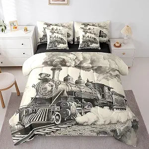 Erosebridal 7Pcs Train Comforter Set Train Country Locomotive Bed in A Bag