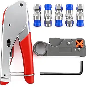 mxuteuk RG59 RG6 Coax Cable Crimper Tool Coaxial Compression Tool Fitting Wire Stripper With 5PCS F Type RG6 Compression Connectors