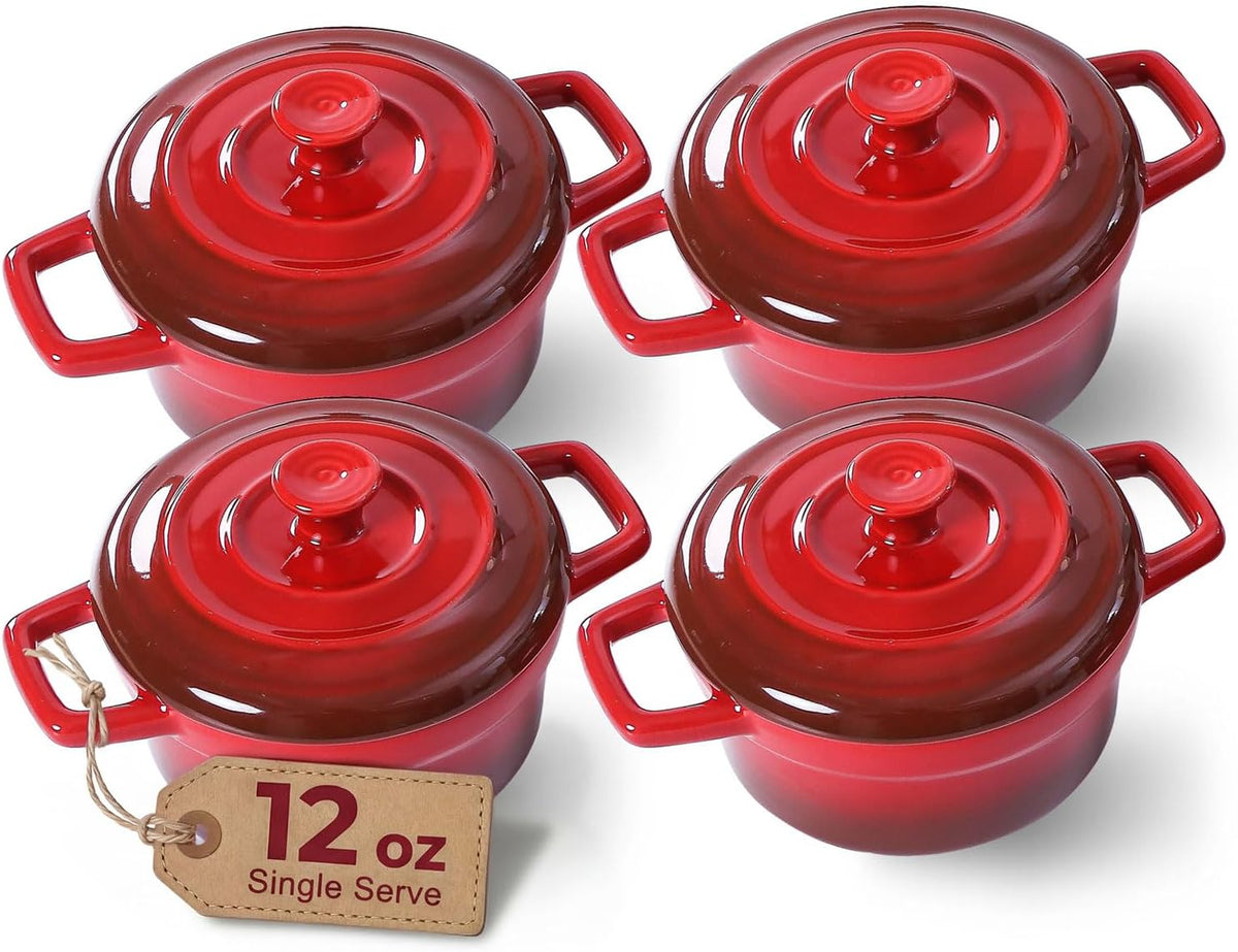Lareina Mini Cocotte 12oz Ceramic Casserole Dish Set with Lid, Red