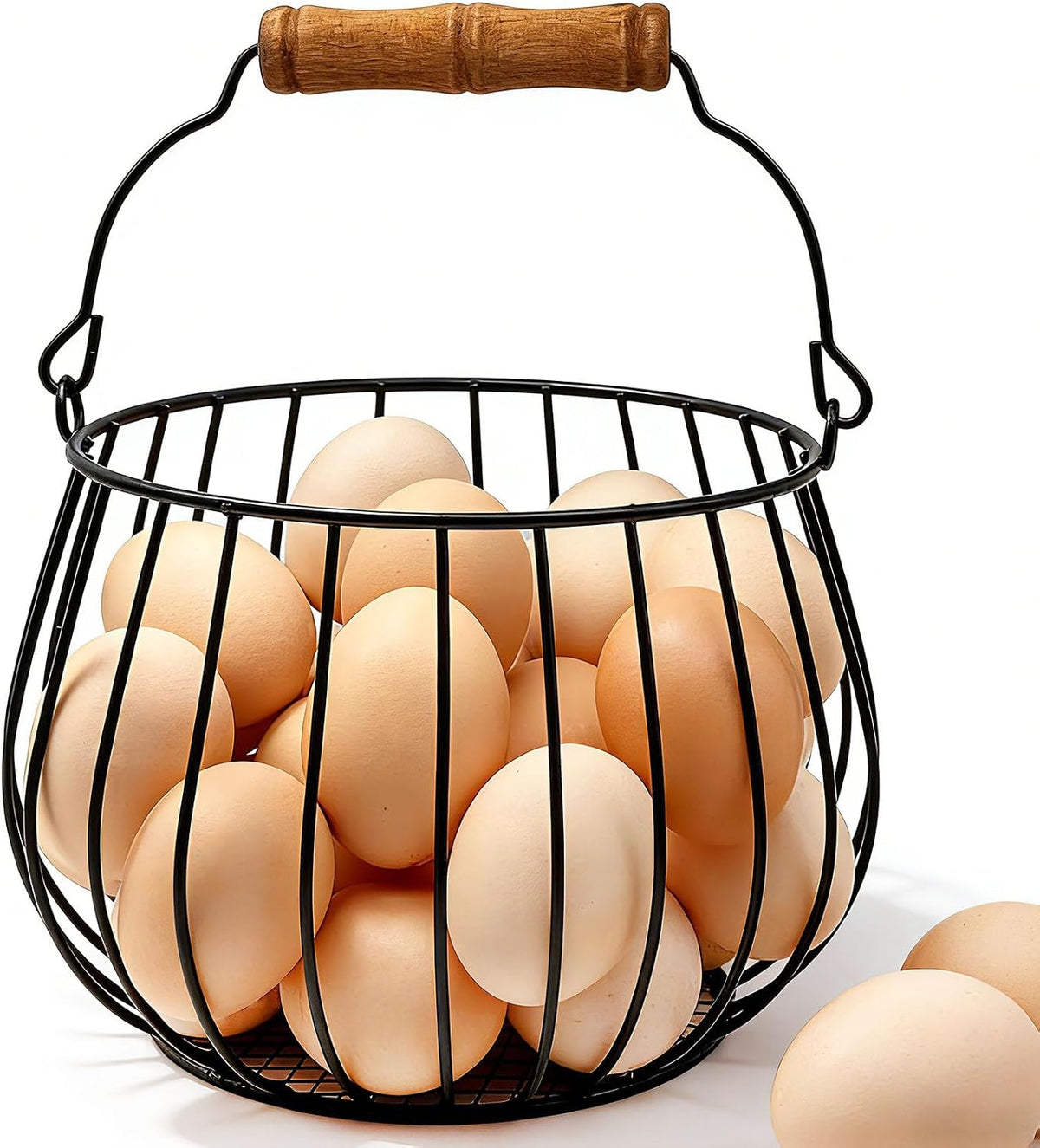 Wire Egg Basket for Gathering Fresh Eggs, Holds 24 Eggs with Wood Handle