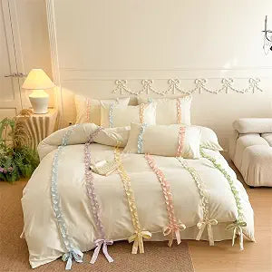 Colorful Striped Ruffled Bedding with Cute Bow,Chic Ruffle Romantic Queen Duvet, Coquette Aesthetic Style 3 piece Duvet Cover Set-1Queen Duvet Cover with 2 Pillowcases, No Comforter