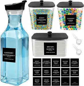 POLRAI Laundry Pod Containers and Dryer Sheet Holder and Laundry Detergent Dispenser Clear Laundry Room Organization and Storage with Wooden Lids Labels and spoon 2+1+1 Pack