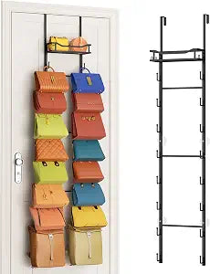 SWTYMIKI Over The Door Purse Organizer - Wall Mounted Purse Rack with 16 Hooks and Metal Basket, Handbag Hanger Organizer Holds up to 16 Bags, Bag Rack Can Use As 1/2 Part, for Door, Closet