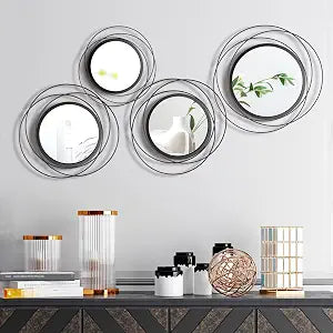 Hicarer 4 Pcs Decorative Round Modern Circle Mirror Wall Art Ring Metal Mirror Wall Mounted for Bedroom, Living Room, Entryway, Dining Room, Hallway (Black)