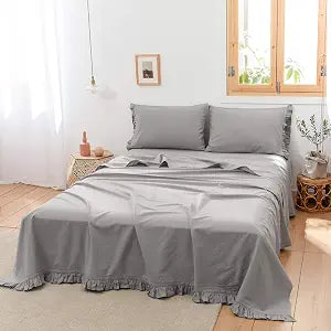 BISELINA Linen Sheet French Flax Flat Sheet with Pleated Ruffles 55% Euro Linen 45% Cotton Solid Color Soft Breathable Farmhouse Top Sheet (Frill-Full, Grey)