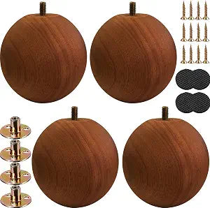 Solid Wood Sofa Replacment Parts 4 Inch Round Ball Shape Furniture Legs for Sofa Couch Ottoman Loveseat Cabinet Legs Furniture Feet Set of 4 (Light Walnut)