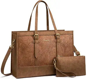 LOVEVOOK Work Tote Bags for Women, Vintage Pu Leather 15.6 Inch Laptop Bag