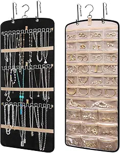 Wome Over the Door Jewelry Organizer Hanging: Double-Sided Storage with 28 Small 2 Large 9 Medium Pockets for Earrings Necklaces Rings Durable Polyester for Door or Closet or Wall or Glass (Black)