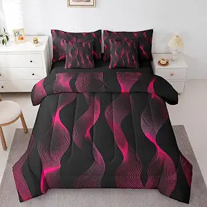 Erosebridal Pink Black Striped 7 Piece Comforter Set Queen Bed in A Bag