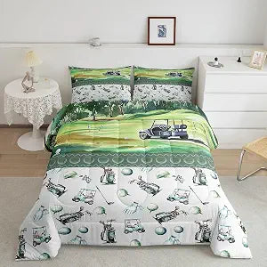 Homewish Golf Comforter Set Twin Size,Boys Sports Ball Games Themed Bedding Set for Kids Boys Men,Watercolor Golf Club Green Course Quilted Duvet Set with 1 Pillowcase