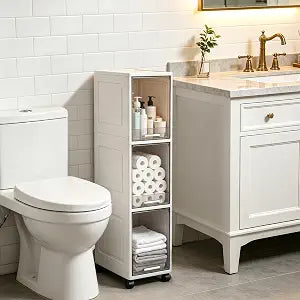 Narrow Bathroom Storage Cabinet with 4 Wheels, 3Tier Slim Storage Organizer