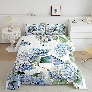 Erosebridal Hydrangea Floral Full Comforter Blue Purple Butterfly Beddings | Vintage Flower Duvet Set Cute Animal Quilted Duvet Spring Botanical Bedroom Decorration,Microfiber 3pcs