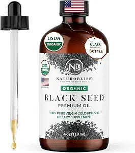 NaturoBliss Organic Black Seed Oil 100% Virgin Cold Pressed Omega 3 6 9 Super Antioxidant for Immune Support, Joints, Mobility, Digestion, Hair Skin Vegan, Gluten-Free, Non-GMO USDA Certified 4oz