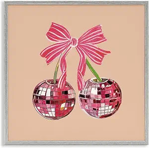 Cherries with Pink Bow Glam Fruit, 17 x 17 Inch Framed Gicle Print