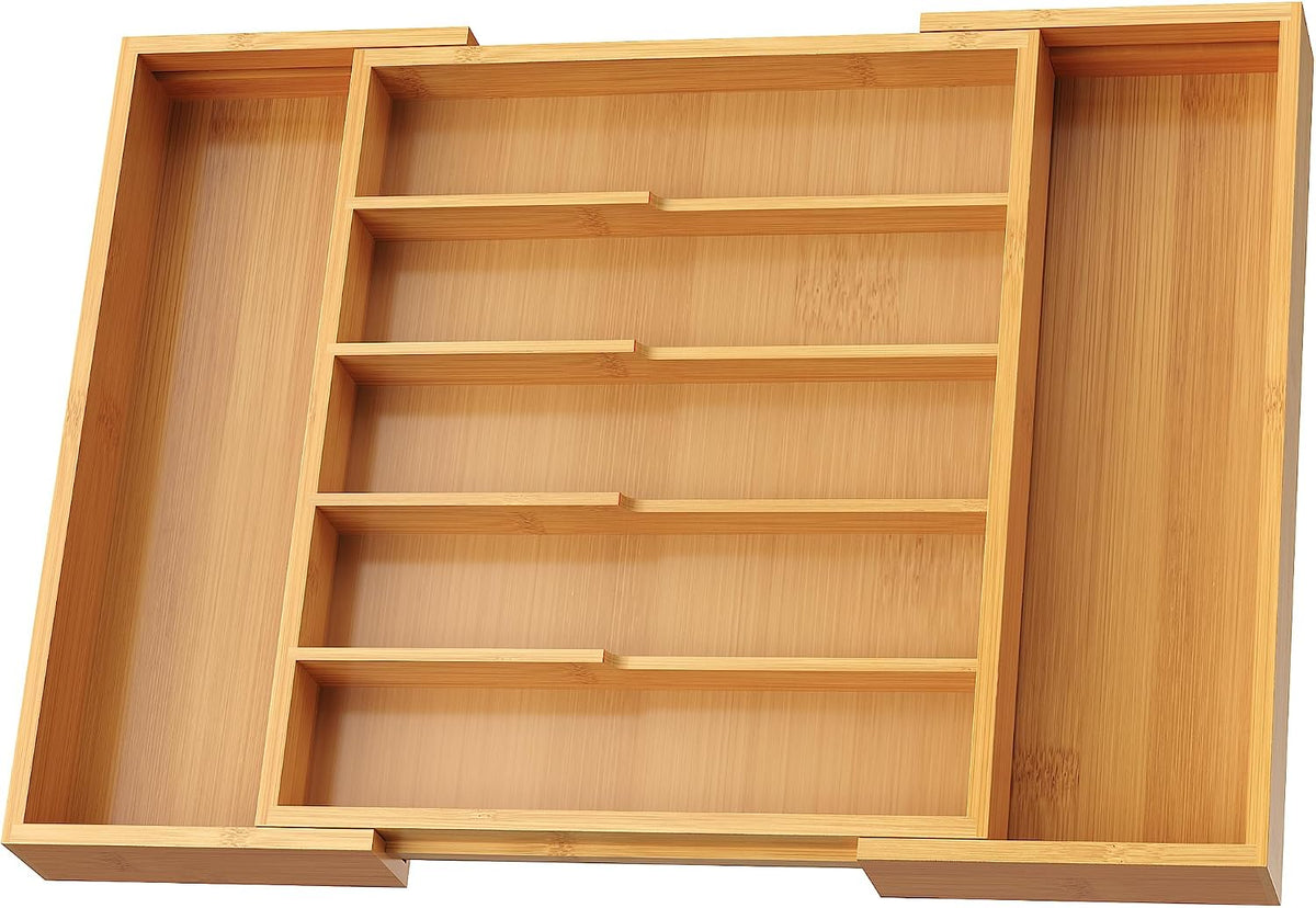 Bamboo Silverware Organizer, Expandable Bamboo Kitchen Drawer Cutlery Organizer, 18.5"x13.3" Flatware Organizer Tray, Utensil Holder