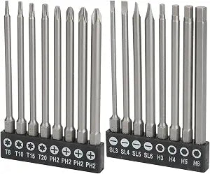 Bates- Long Screwdriver Bits Set, 16 pcs, 1/4 Hex Shank, Slotted, Phillips, Hex and Tamper Proof Torx Bits, S2 Steel Magnetic 3.94 Inch Long Drill Bit Set with Holder