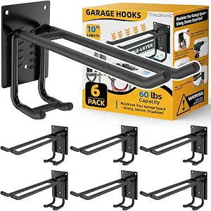 6 Pack Garage Hooks 10 INCH Heavy Duty Two-Tier Steel Shed Wall Mount Workshop Garage Storage Tool Organizer Hooks for Hanging Garden Tool, Hose, Ladder, Chairs, Bikes with Anti-Slip Coating