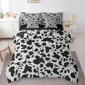 Feelyou Cow Print Comforter Set Full Size 7 Pieces Black Gray Bedding Set for Kids Boys Girls Cartoon Milk Cow Bed in a Bag with Comforter, Sheets, Pillowcases, Cushion Covers Leopard Bedroom Decor
