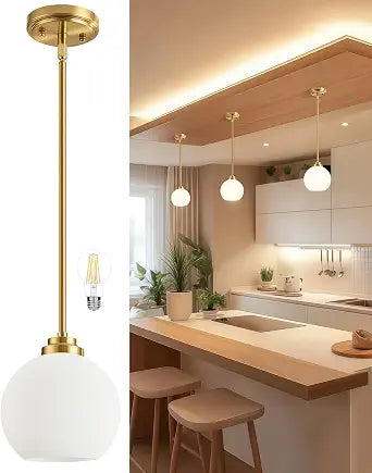 Majade 7.4" Globe Pendant Lights Mid Century Modern Kitchen Island Pendant Light Fixtures Gold Brass Pendant Lighting with Milk Glass Adjustable Hanging Light Fixtures for Dining Room Living Room