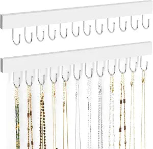 ZEDODIER 2 Pack Necklace Organizer Wall Mount, Wooden Jewelry Hanger Necklace Holder with 24 Hooks,Hanging Jewelry Organizer, White