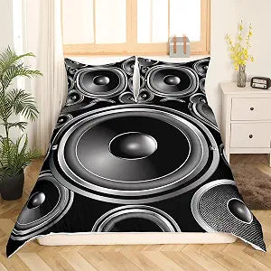 Feelyou 3D Speaker Duvet Cover Set Rock Music Theme Bedding Set for Kids Boys Teens Hip Pop Musical Comforter Cover Music Hipster Quilt Cover Bedroom Collection 3Pcs Queen Size,Black