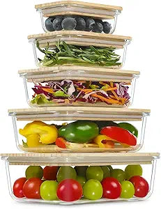 Urban Green Glass Containers with Bamboo Lids, Meal Prep Glass Food storage Container Set, 5 Pack, Pantry & Kitchen Organizer, Microwave, Oven, Freezer Safe