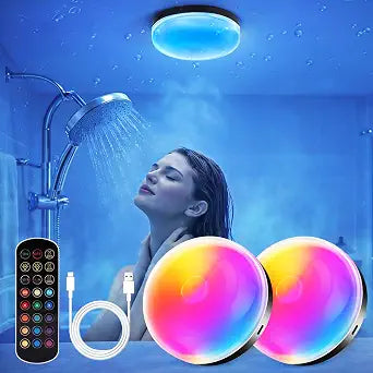 Waterproof Shower Light 2 Pack, 15 Colors Rechargeable LED with Remote