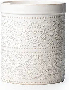 Kitchen Utensil Holder, 7 Inches Large Ceramic Utensil Holder for Countertop, Lace Emboss Cooking Utensil Crocks for Kitchen, Home Decor, Off-White