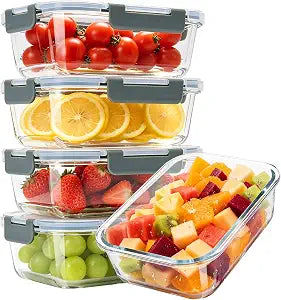5 Pack 22 oz Glass Food Storage Containers with Lids, Grey
